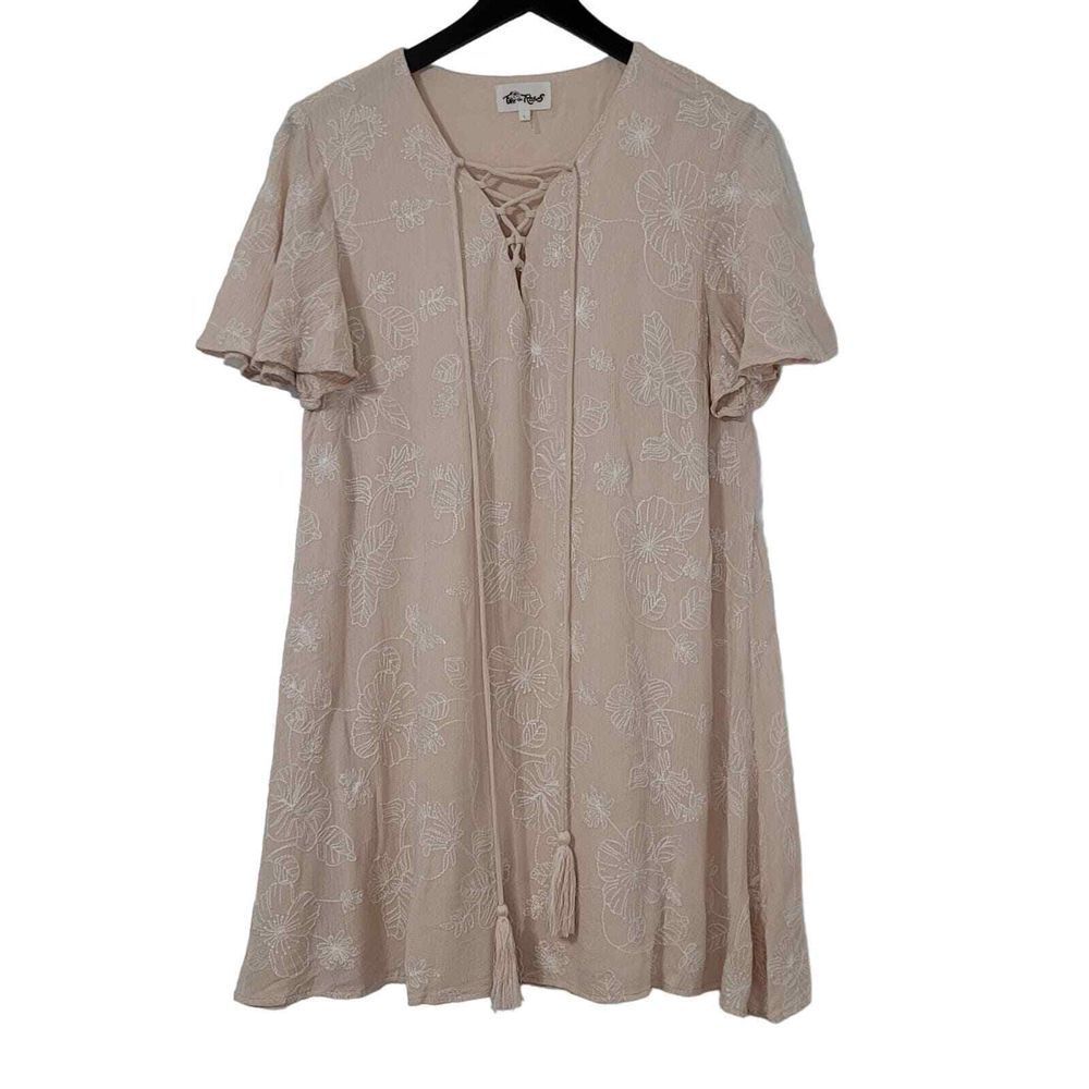 Free The Roses Embroidered Mini Dress Beige Lace-Up Floral Boho Babydoll L